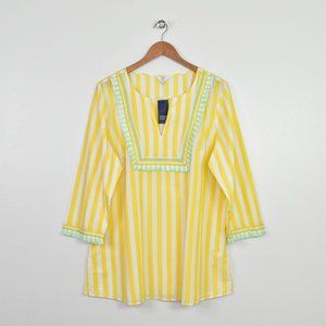 Crown & Ivy Tunic Top Yellow White Stripe 3/4 Sleeve Plus Size 1X Peasant Boho